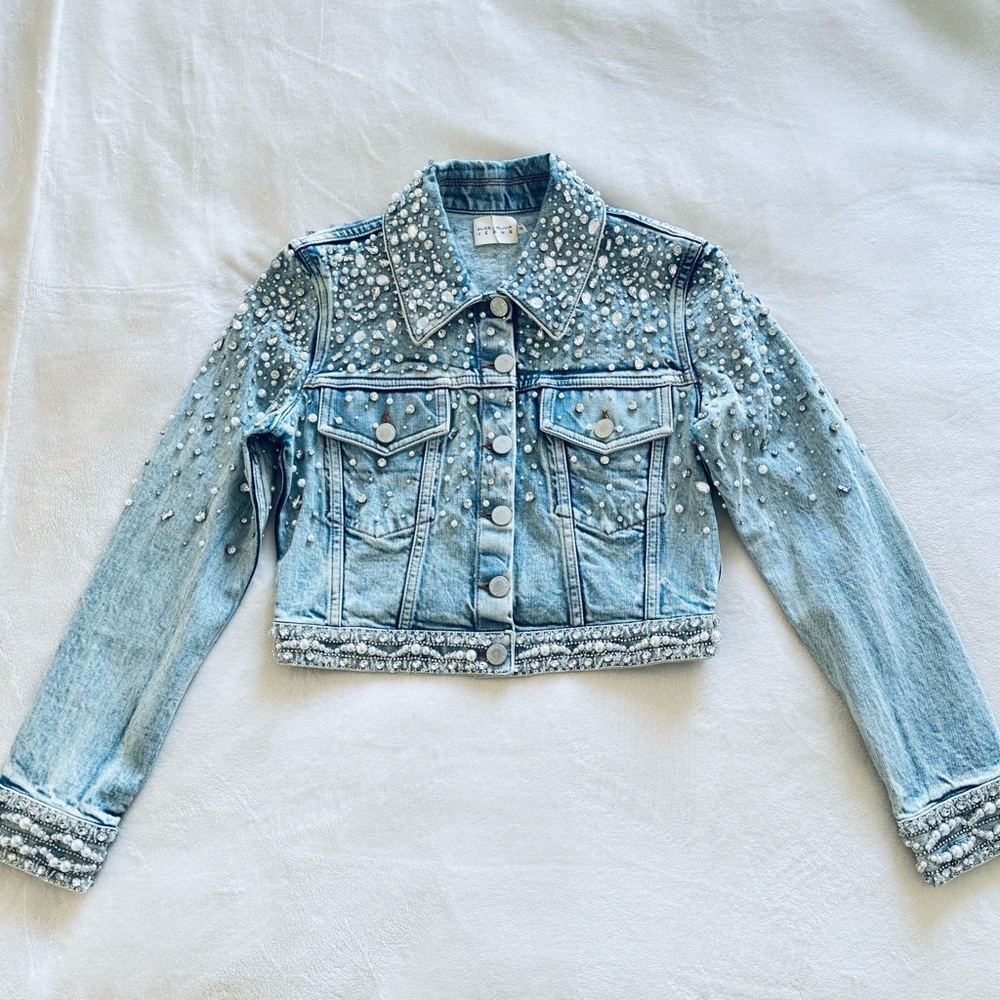 NWOT! Alice + Olivia Nelson Embellished Denim Jacket, Size XS - Picture 3 of 17